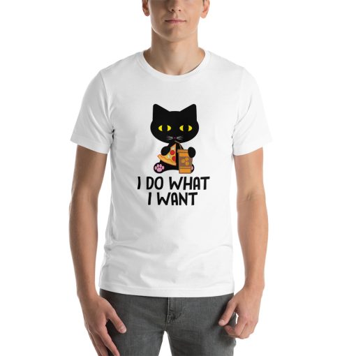 Unisex t-shirt that says "I do what I want" on it with a picture of a cat eating pizza.