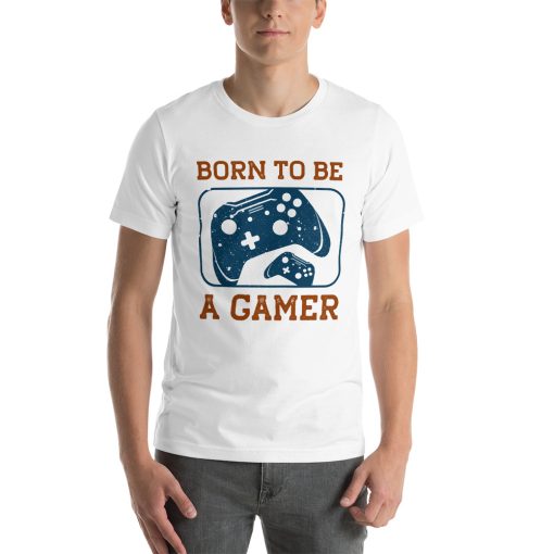 Unisex t-shirt that says "born to be a gamer" on it.