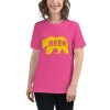 Women's cut t-shirt with a picture of a bear on it. On the bear it says "beer."