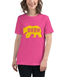 Women's cut t-shirt with a picture of a bear on it. On the bear it says "beer."