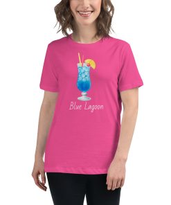 Women's cut t-shirt with a picture of a blue lagoon cocktail on it.