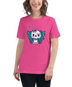 Women's cut t-shirt with a picture of a cocktail being served in a skull.