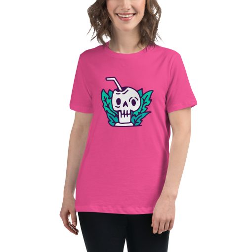 Women's cut t-shirt with a picture of a cocktail being served in a skull.