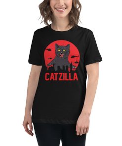 Women's t-shirt with a picture of a giant cat rampaging a city. The t-shirt also says "Catzilla" on it.