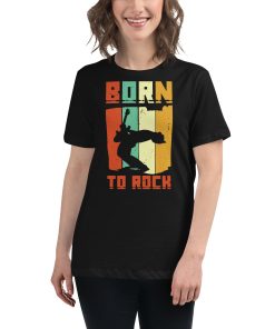 Women's t-shirt that says "born to rock" on it with a picture of someone playing guitar.