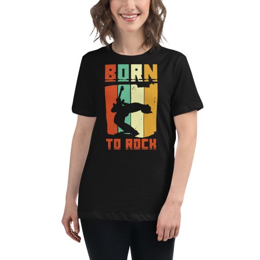 Women's t-shirt that says "born to rock" on it with a picture of someone playing guitar.