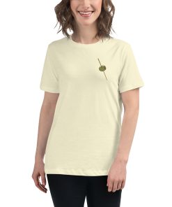 Women's t-shirt with a picture of a cocktail olive on it.