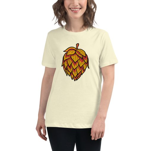 Women's t-shirt that has a picture of a dried hop flower on it.