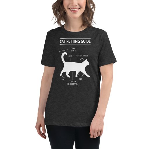 Women's cut t-shirt with a cat petting guide printed on it, indicating the good places to pet a cat.