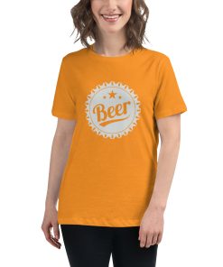 Women's cut t-shirt that has a beer bottle cap on it that says "beer."