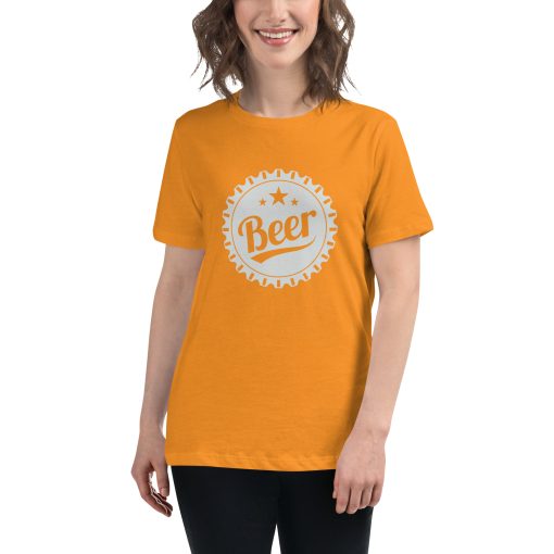 Women's cut t-shirt that has a beer bottle cap on it that says "beer."