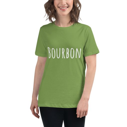 Women's cut t-shirt that says "bourbon" on it.