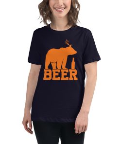 Women's cut t-shirt with a picture of a bear with antlers on it. It also says "beer."