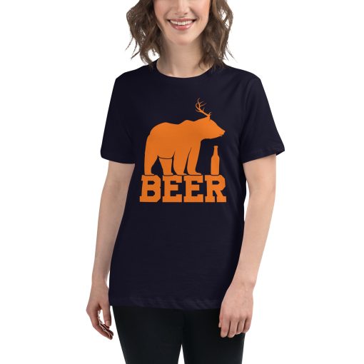 Women's cut t-shirt with a picture of a bear with antlers on it. It also says "beer."