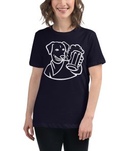 Women's t-shirt with a picture of a dog drinking a beer.