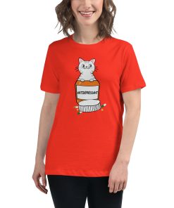 Women's cut t-shirt with a picture of a cat in a bottle of antidepressants.