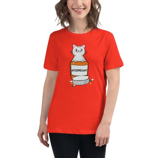 Women's cut t-shirt with a picture of a cat in a bottle of antidepressants.