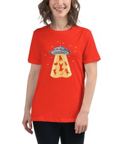 Women's cut t-shirt with a picture of a UFO abducting cats.