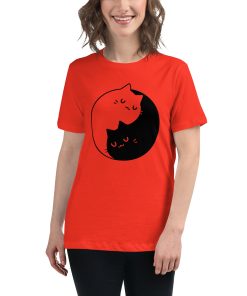 Women's t-shirt with a picture of two cats curled up together forming a ying yang symbol.