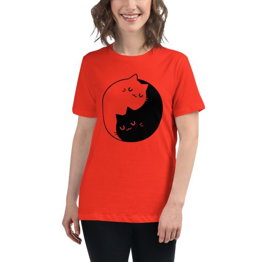 Women's t-shirt with a picture of two cats curled up together forming a ying yang symbol.