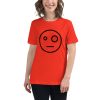 Women's cut t-shirt with a smiley style face with wonky eyes.