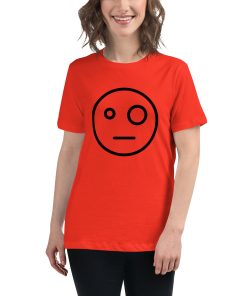 Women's cut t-shirt with a smiley style face with wonky eyes.