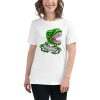 Women's cut t-shirt with a picture of a dinosaur playing video games.