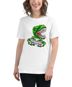 Women's cut t-shirt with a picture of a dinosaur playing video games.