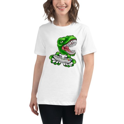 Women's cut t-shirt with a picture of a dinosaur playing video games.